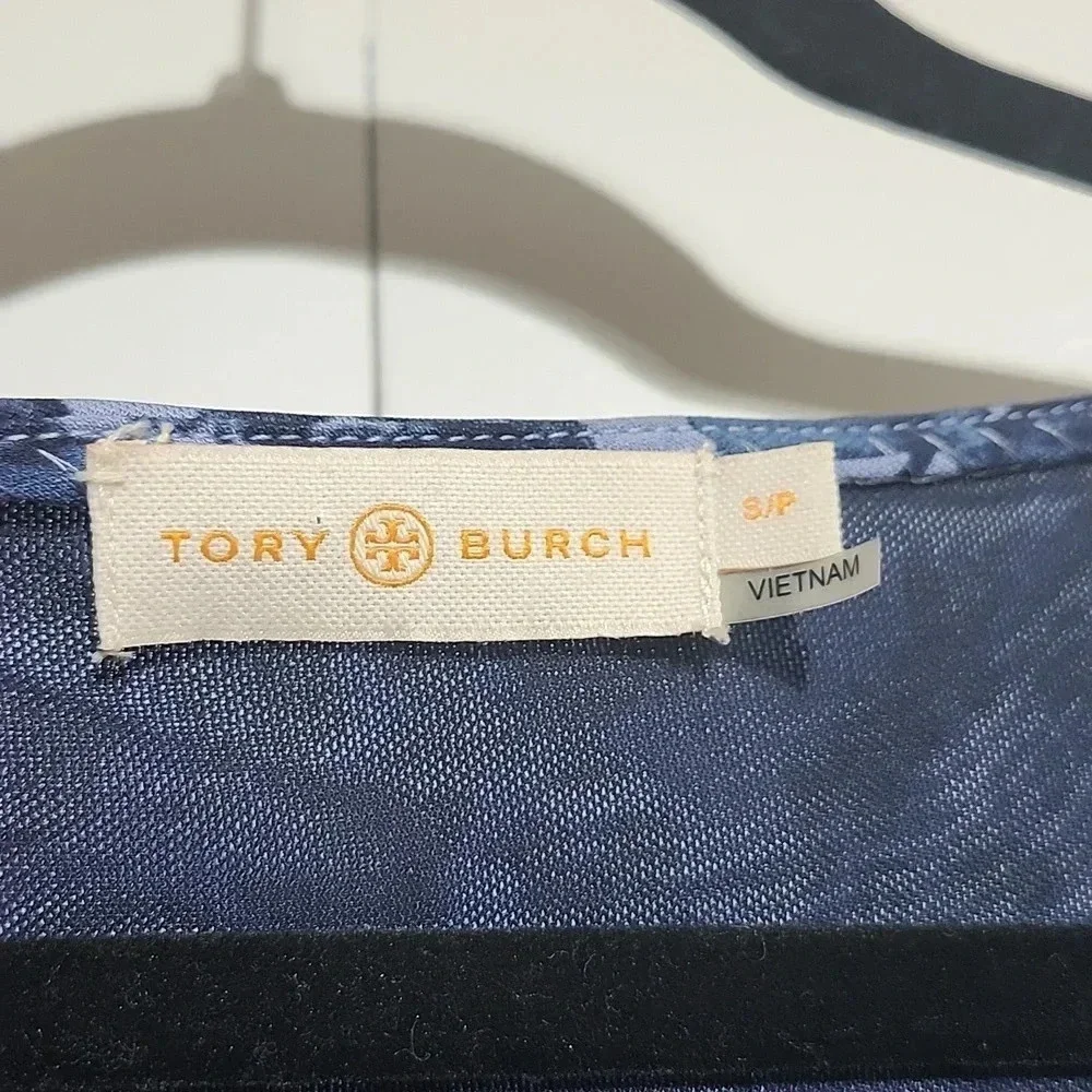 Tory Burch Blue Floral Ruched Dress Size S V-Neck 3/4 Sleeve Designer